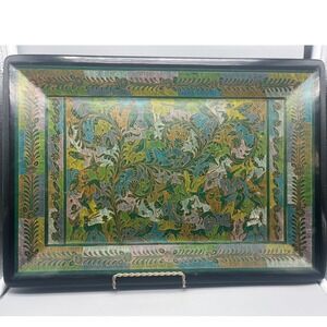 Burmese Myanmar Black Lacquer TrayTree of Life Birds Forest Animals Multi color